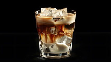 Glass of iced coffee with ice cubes on black background