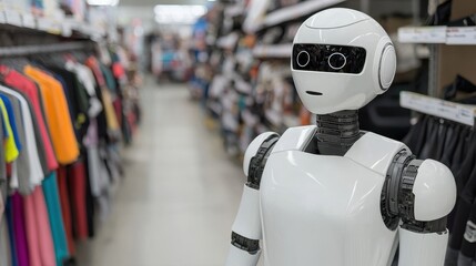 Obraz premium A humanoid robot stands in a retail store aisle, surrounded by colorful clothing, showcasing the integration of technology in shopping experiences.