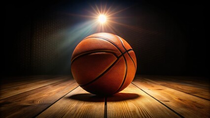 Obraz premium Overhead shot of a high-key illuminated orange basketball on a dark court, surrounded by sports equipment.