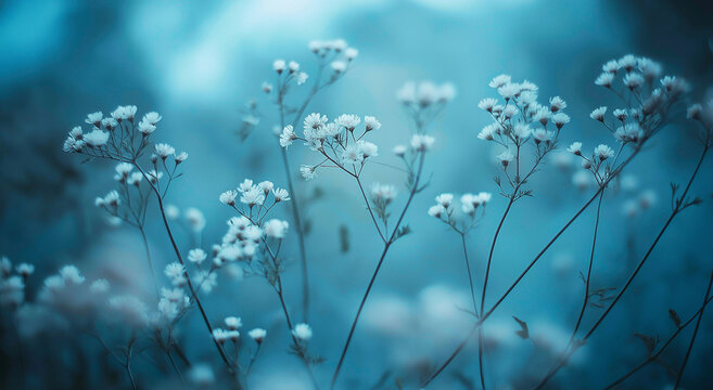 Flores de foco suave em tons de azul sonhadores, capturando beleza et&eacute;rea e ambiente tranquilo.