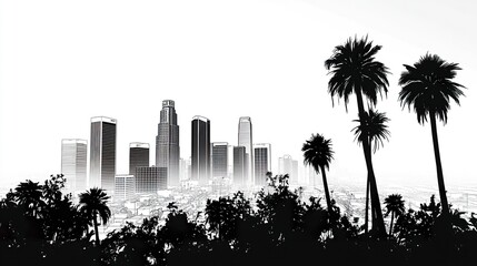 Iconic Los Angeles cityscape with clean and sharp outlines of downtown high-rises, palm trees adding texture to the foreground, and a stark white background emphasizing the sleek architecture