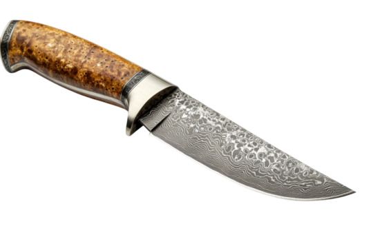 A gleaming damascus blade knife resting gracefully showcasing the intricate craftsmanship with dark backdrop enhancing its brilliance and detail.