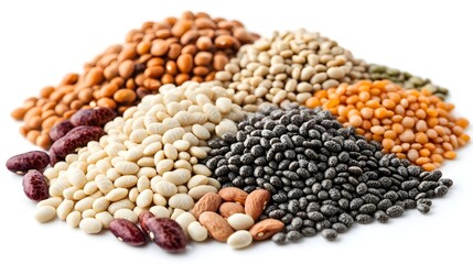 A colorful assortment of dried beans and lentils sits together in a pile on a white background showcasing various legumes.
