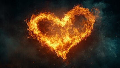 Fototapeta premium A powerful heartshaped explosion of fire and smoke, embodying the raw emotion and destructive force of intense feelings, with dramatic lighting and vivid contrast