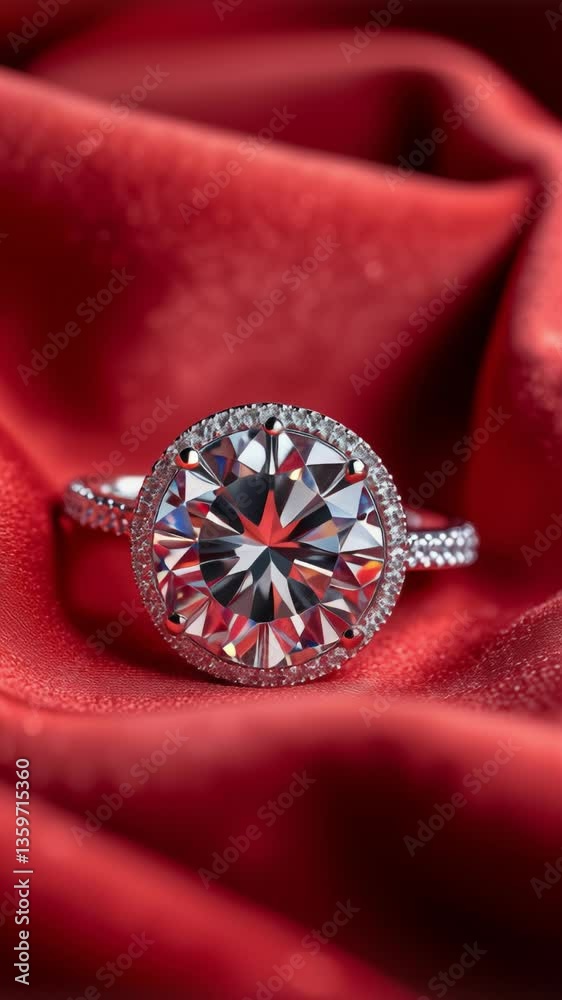Poster glittering cut diamond on luxurious red velvet cloth with flawless texture and sparkling reflections