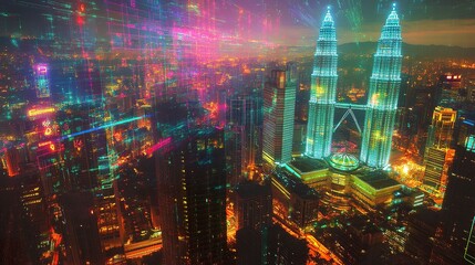 Obraz premium KL skyline with neon digital overlays, including flowing holographic data streams, grids, and augmented icons hovering over the city's tallest buildings, vibrant colors creating a high-tech aesthetic 