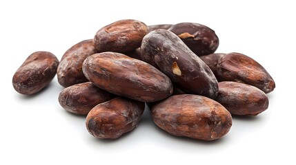 Obraz premium A close-up shot reveals a small pile of dried cocoa beans isolated on a pure white background showcasing their rich brown color and texture.