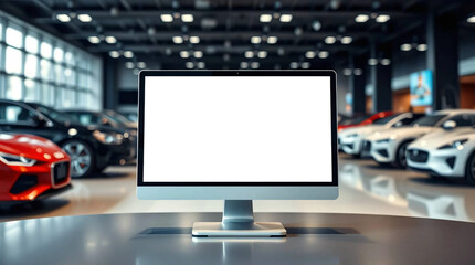 Fototapeta premium Monitor with blank white screen on table for mockup, with a background in a modern car showroom