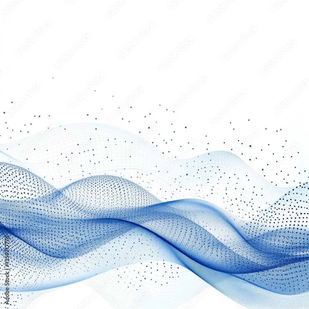 Poster Abstract Blue Network Waves with Connected Dots on White Backdrop, Representing Data Visualization and Technological Progress.