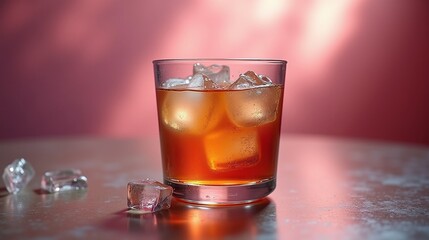 A glass of amber-colored beverage, garnished with ice cubes.