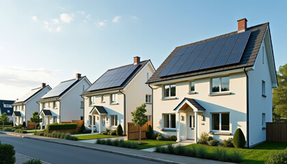 Obraz premium Modern suburban houses with solar panels on roof in sunny weather