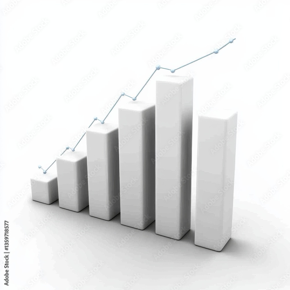 Poster ascending white bar graph with blue line chart on bright background: representing growth and success
