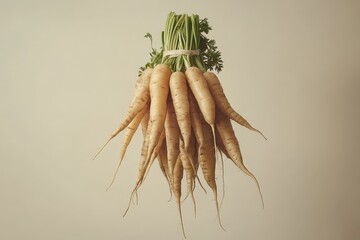 A bunch of fresh white carrots tied together by twine