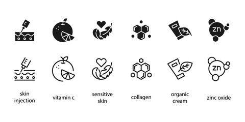 Organic cosmetic line icons set. Organic skin care components or labels. Zinc Oxide icon. Collagen, sensitive skin, skin injection, vitamin c, organic cream.