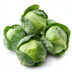 Fototapeta premium A Pile of Fresh Green Cabbages on White Background, Displaying Healthy and Natural Food, Ideal for Salad or Cooking