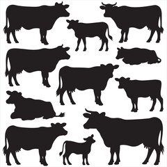 set of cow vector silhouettes, set of different style cow, Dairy farm cow, Cow Grazing On Meadow, vector silhouettes	
	