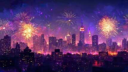 Fototapeta premium Majestic city at night with a clean, deep-blue sky lit by radiant fireworks in gold and purple, their light enhancing the skyline silhouette, panoramic perspective, enchanting festivity. 