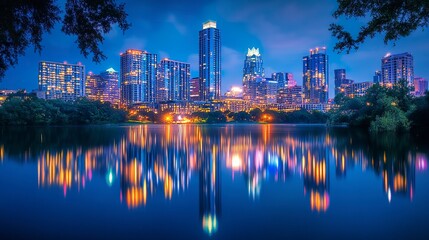 Naklejka premium Majestic cityscape at night with bright building facades, streetlights casting golden hues, and clear reflections on a still lake, the skyline stretching under a dark sky