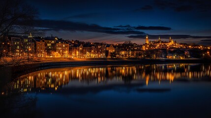 Fototapeta premium Majestic cityscape at night with bright building facades, streetlights casting golden hues, and clear reflections on a still lake, the skyline stretching under a dark sky