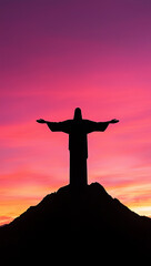 Christ Redeemer statue stands majestically against vibrant sunset sky, showcasing stunning silhouette. scene evokes sense of peace and awe