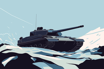 Fototapeta premium Military tank advancing through snowy terrain with powerful presence 