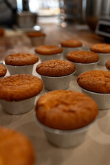 Freshly Baked Golden Muffins in Bakery