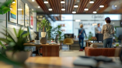  Modern Office Interior Illustration: Blurred Workspace, Plant Focus, Co working Concept, Digital Art, Serene Atmosphere, Natural Light.