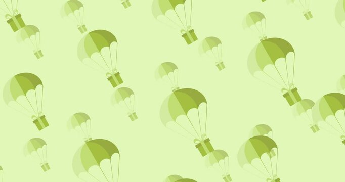 Lots of gifts descend from above on parachutes. Looped animation, 4k.