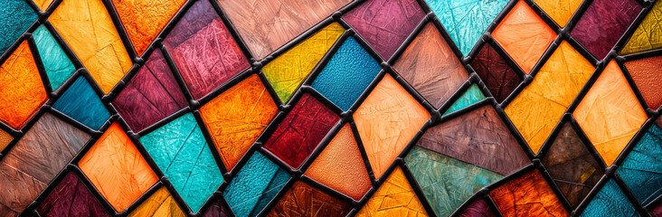 Fototapeta premium Colorful stained glass pattern with vibrant hues of orange, blue, and green, creating beautiful mosaic effect that evokes warmth and creativity