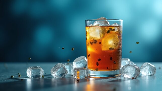 A glass of amber-colored liquid, ice chunks, and green seeds.