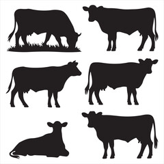 set of cow vector silhouettes, set of different style cow, Dairy farm cow, Cow Grazing On Meadow, vector silhouettes	
	