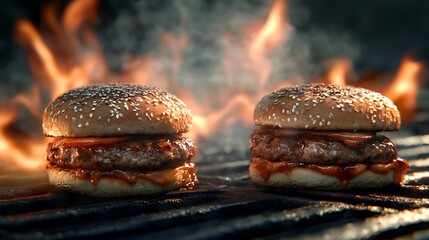 Barbecue burgers grilled hot with smoky flavor and sesame seeds image