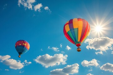 Naklejka premium Colorful Hot Air Balloons Flying in Bright Blue Sky with Clouds