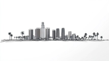 Fototapeta premium Minimalist Los Angeles cityscape with the distinctive skyline of downtown, skyscrapers and palm trees rendered in sleek monochrome lines, set against a pristine white background 