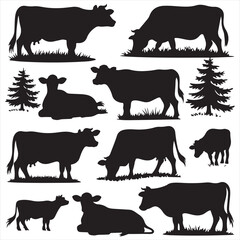set of cow vector silhouettes, set of different style cow, Dairy farm cow, Cow Grazing On Meadow, vector silhouettes	
	