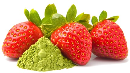 Three ripe red strawberries and a pile of vibrant green matcha powder sit together on a stark white background.