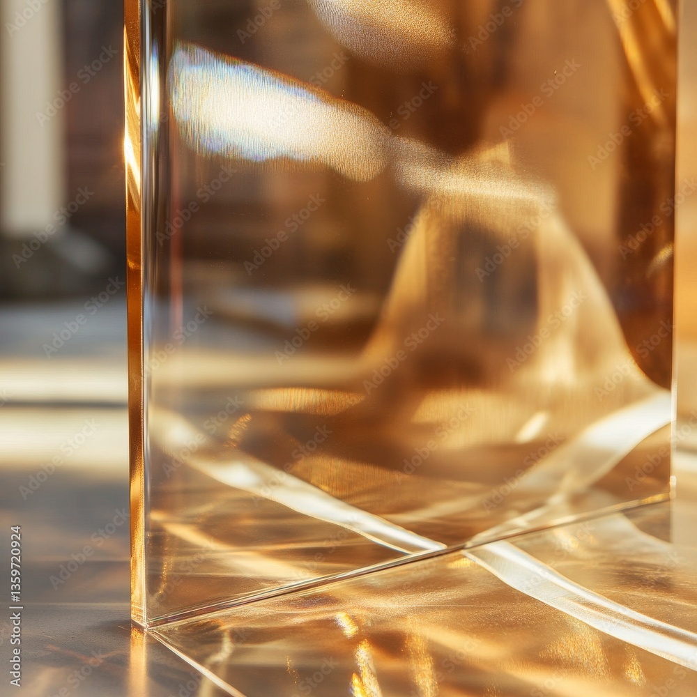 Poster golden hour: light refraction through a crystal cube, casting abstract shadows and reflections on a 