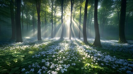 Obraz premium A mystical forest at dawn, with soft beams of light filtering through the trees, casting long shadows on the forest floor, surrounded by lush greenery and mist