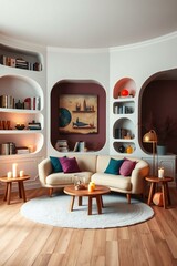 A modern Scandinavian interior with a round sofa, wooden side tables, candles, and curved white shelves filled with books