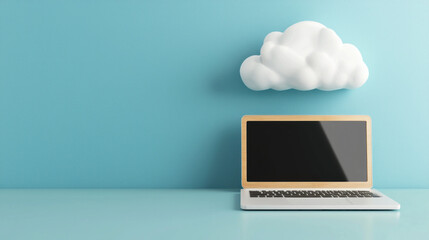 laptop sits on smooth surface beneath fluffy cloud, symbolizing cloud computing and digital technology