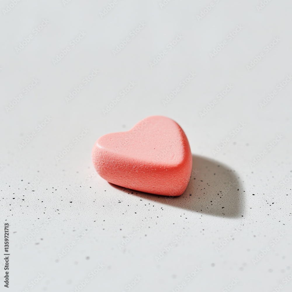 Poster minimalist still life of a singular pink heart candy on a textured off-white surface with sharp shad