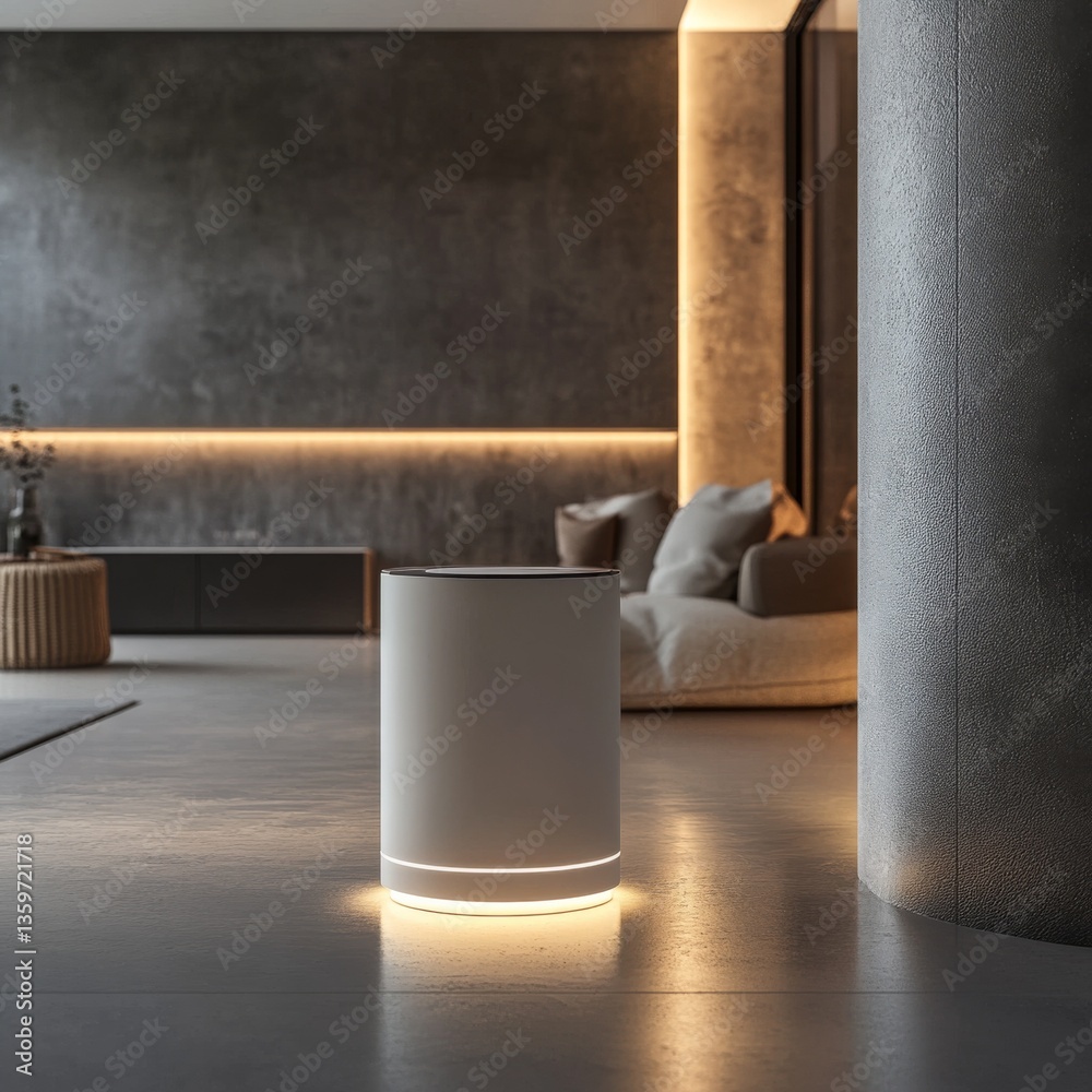 Poster minimalist interior featuring illuminated modern table lamp in an elegant and serene space