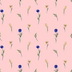 Seamless watercolor floral pattern with delicate wildflowers. Elegant hand-painted botanical design for fabric, wallpaper, invitations, and scrapbooking. Soft natural aesthetics in pastel tones