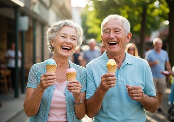 Happy senior couple laughing while holding ice cream cones on a sunny day outdoors together