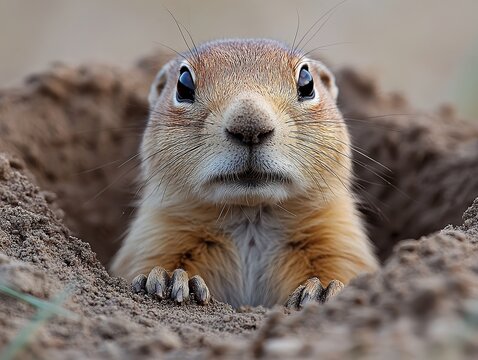  Prairie dog peeking from burrow with wide eyes, front paws on dirt edge, expression filled with curiosity and alertness