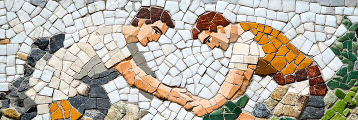 Mosaic Artwork of Two Figures Bending