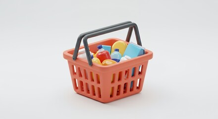 Fototapeta premium Shopping Basket Filled with Groceries 3D Render Illustration of Everyday Items in a Supermarket Cart