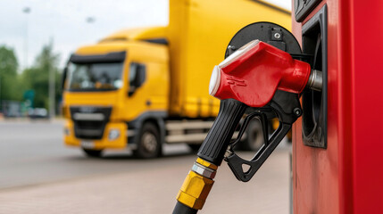 Fuel pump at filling station with yellow truck in background, showcasing transportation and energy
