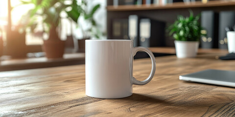 White ceramic mug on wooden office desk in natural light, surrounded by laptop, plants, and stationery, symbolizing morning routine, workspace comfort, and branding mockup concept with copy space.