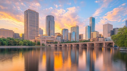 Obraz premium A vibrant city skyline at sunset reflecting on a tranquil lake.